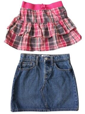 Set Of Girls Plaid Tiered Skort & Denim Skirt (Size 8)